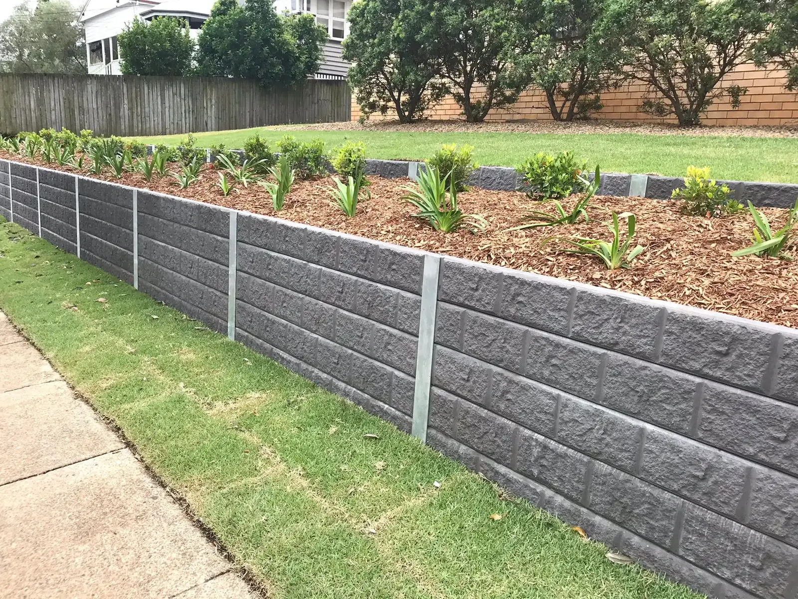Charcoal concrete retaining wall along a lawn and footpath with new planting