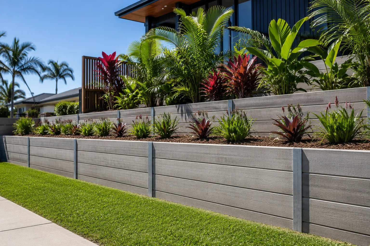 Grey concrete sleeper retaining wall with a planted garden bed in front of a modern home