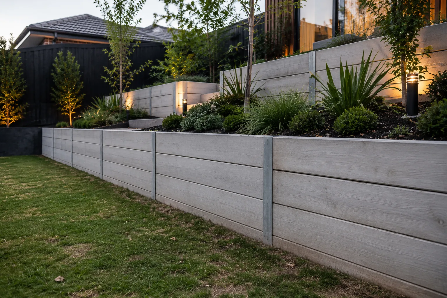 Concrete sleeper retaining walls with garden lighting along a landscaped backyard