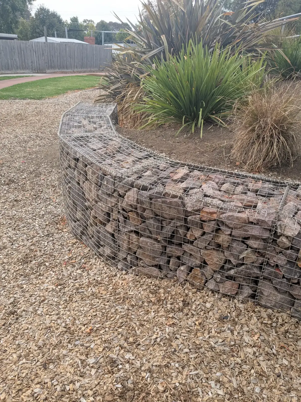 Gabion basket retaining wall edging a gravel garden with native grasses