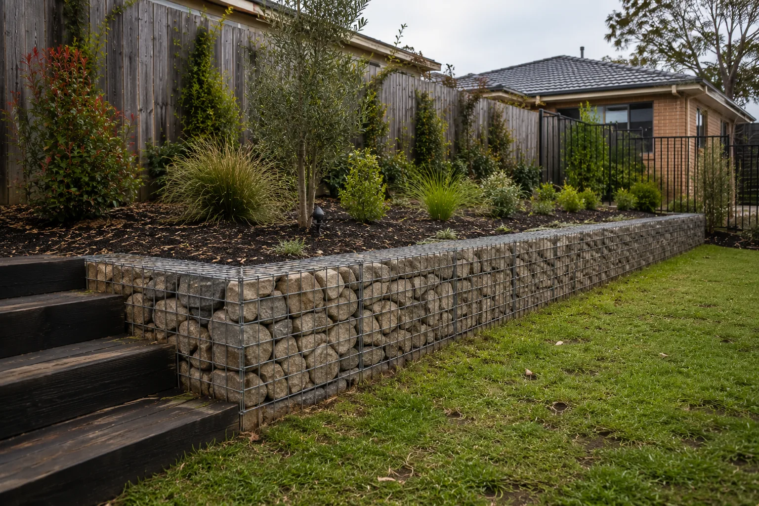 Gabion retaining wall with timber steps bordering a lawn