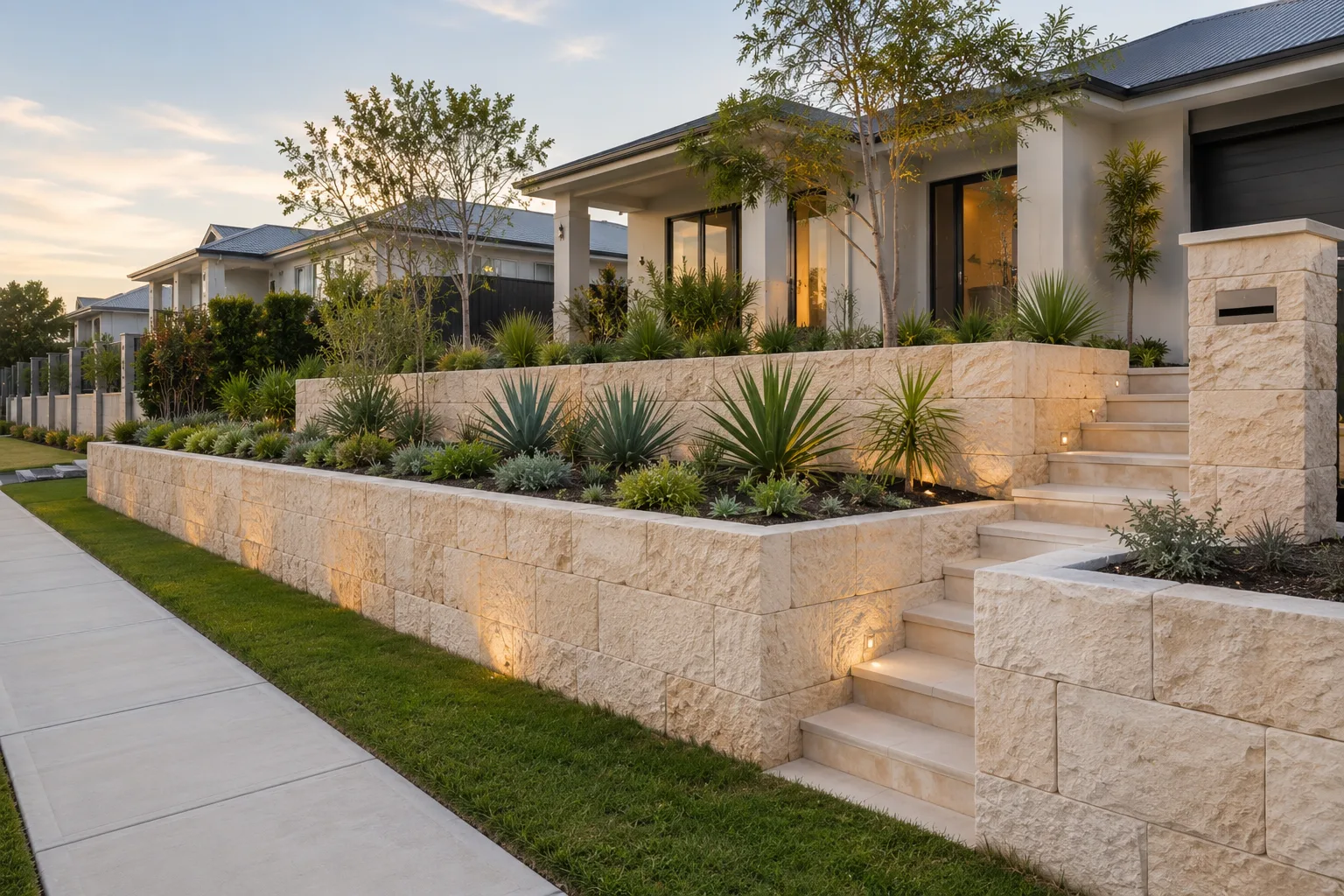 Light stone block retaining walls and lit garden steps in front of a two-storey home